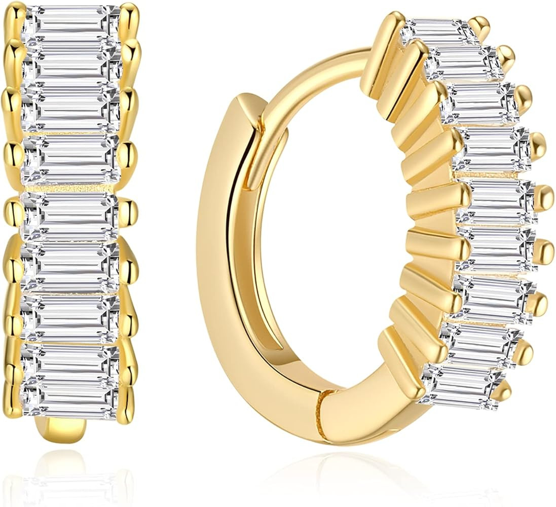Baguette CZ Hoop Earrings | Sterling Silver Small Gold Hoops 10mm | Everyday Minimalist Earlobe o... | Amazon (US)