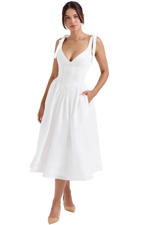 HOUSE OF CB Hattie Lace-Up Stretch Cotton Blend Corset Midi Dress in White at Nordstrom, Size Small A | Nordstrom