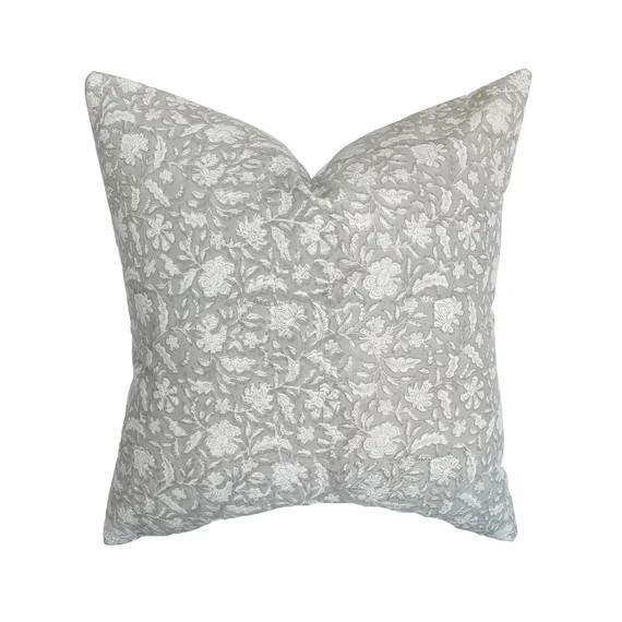 Amelia | Grey Floral Handblock Pillow Cover | Neutral Gray Ivory | Designer Fabric | Natural Home... | Etsy (US)