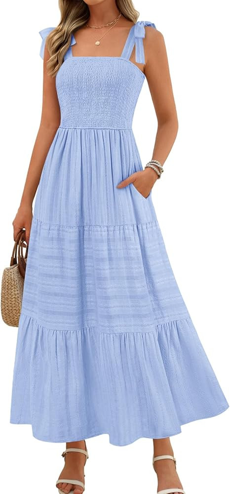 MEROKEETY Women's Summer Boho Maxi Dress Beach Vacation Casual Smocked A Line Sundress with Pocke... | Amazon (US)