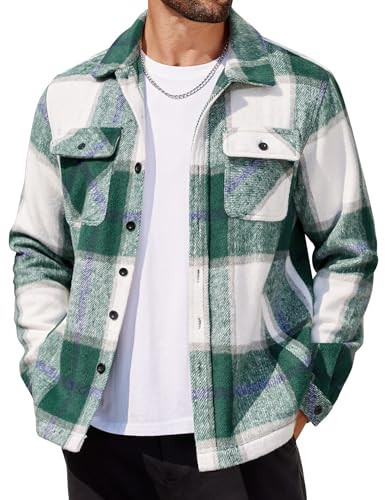 COOFANDY Fall Plaid Jacket For Men Green Flannel Shirt Jackets Long Sleeve Button Up Fleece Shacket Outdoor Flannel | Amazon (US)