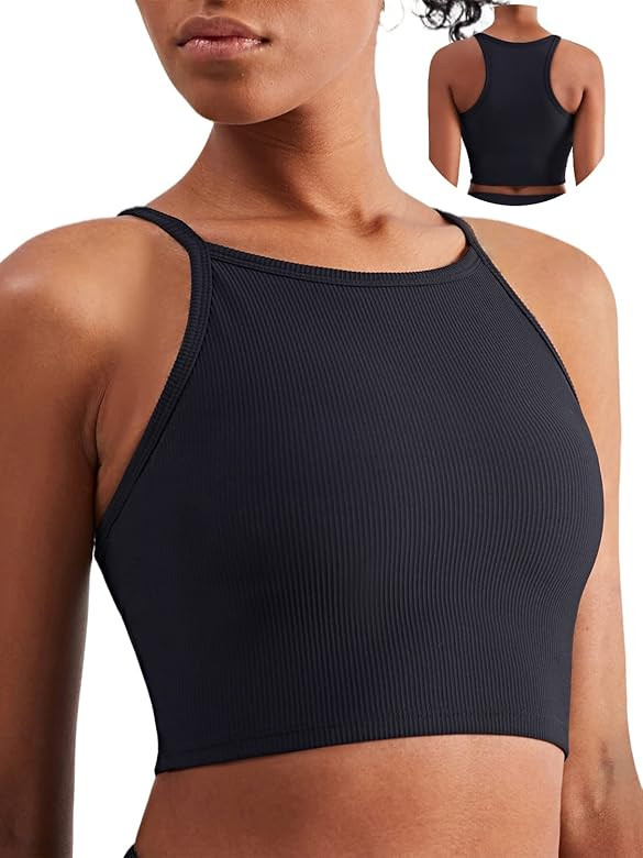 KIKIWING High Neck Sports Bra Workout Crop Tops for Women Long Lined Sports Bra Ribbed Sports Bra Pa | Amazon (US)