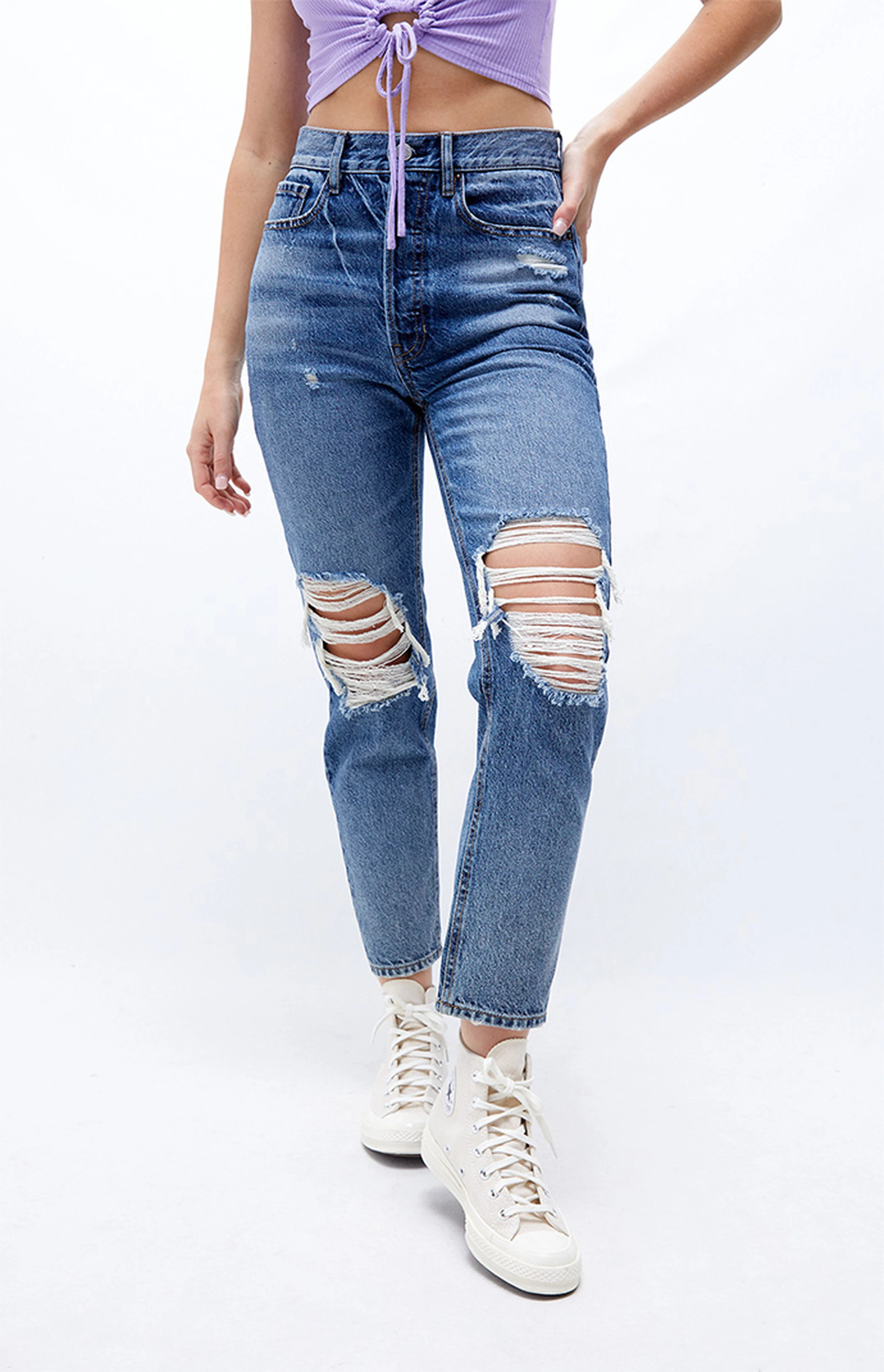 PacSun Eco Medium Blue Distressed Ultra High Waisted Slim Fit Jeans | PacSun