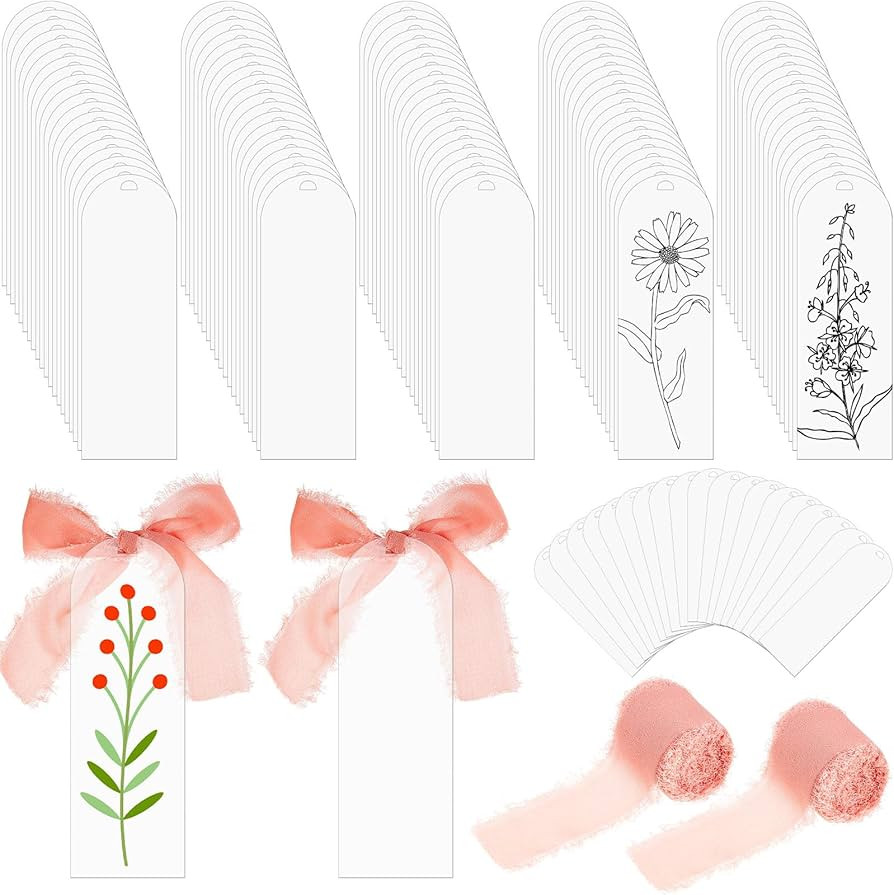 Yeaqee 100 Pcs Acrylic Bookmark Blanks Clear Bookmarks Acrylic Tags with 2 Rolls Ribbon DIY Craft... | Amazon (US)