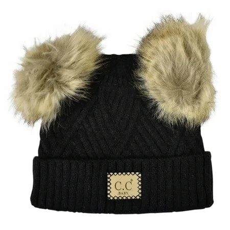 C.C Kids Babies Soft Stretch Cable Knit Faux Fur Pom Pom Beanie Hat Criss Cross Black | Walmart (US)
