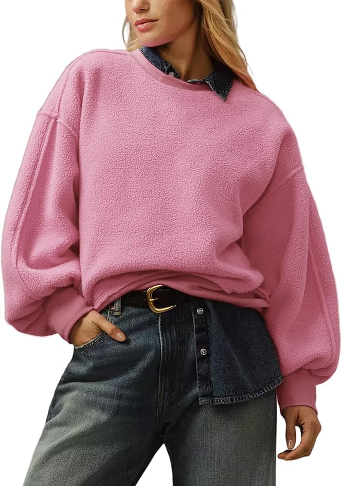 APAFES Womens Oversized Fleece Sweatshirts Warm Fuzzy Long Sleeve Trendy Pullover Tops | Amazon (US)