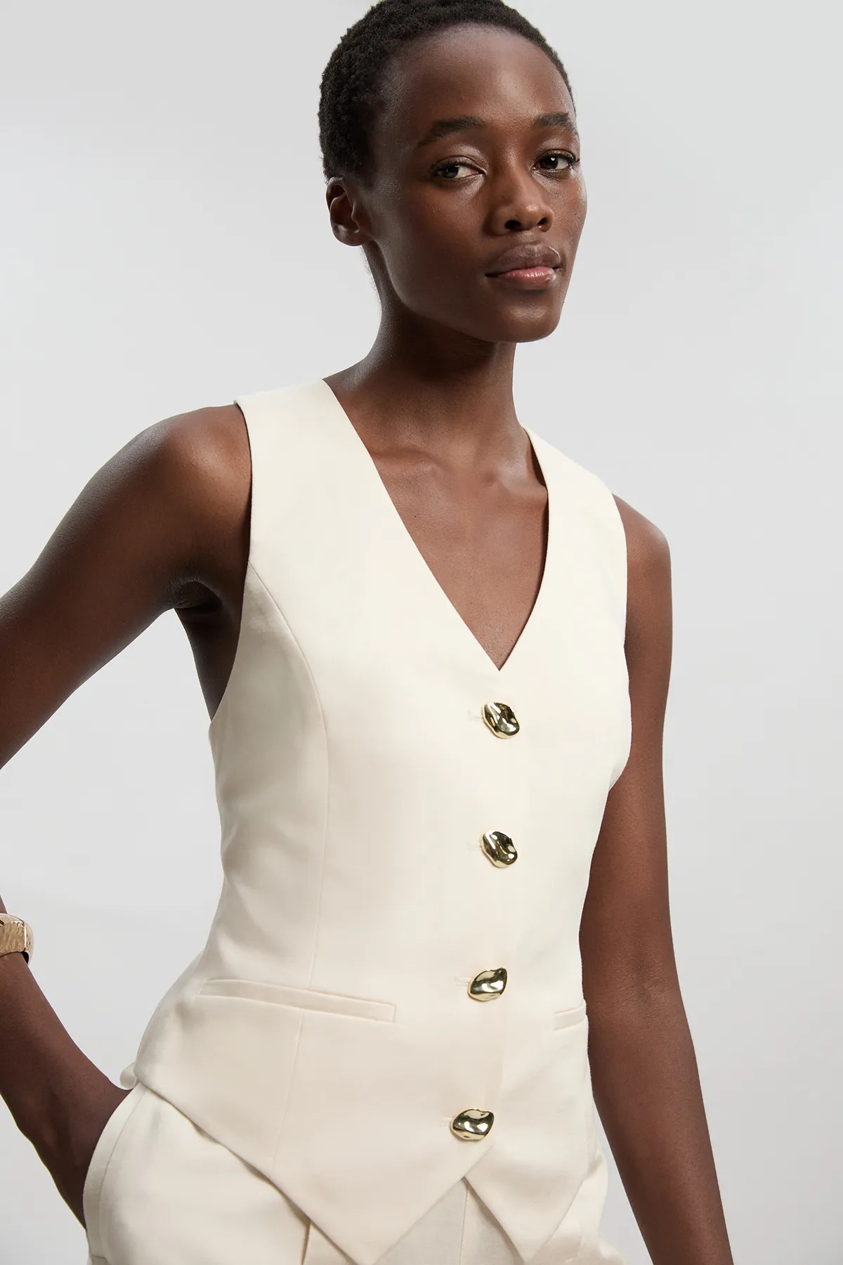 Ivory Tailored Linen Corset Back Detail Waistcoat | Karen Millen USA | Karen Millen US