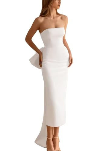 Ivory Mermaid Tube Top Midi Wedding Dresses for Bride Satin Strapless Bridal Gowns for Women with Bow Midi Bridal Wedding Dress for Bride US10 | Amazon (US)