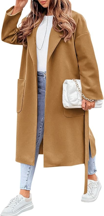 FSHAOES Womens Lapel Collar Pea Coat Open Front Overcoat Belted Long Jacket Outerwear | Amazon (US)