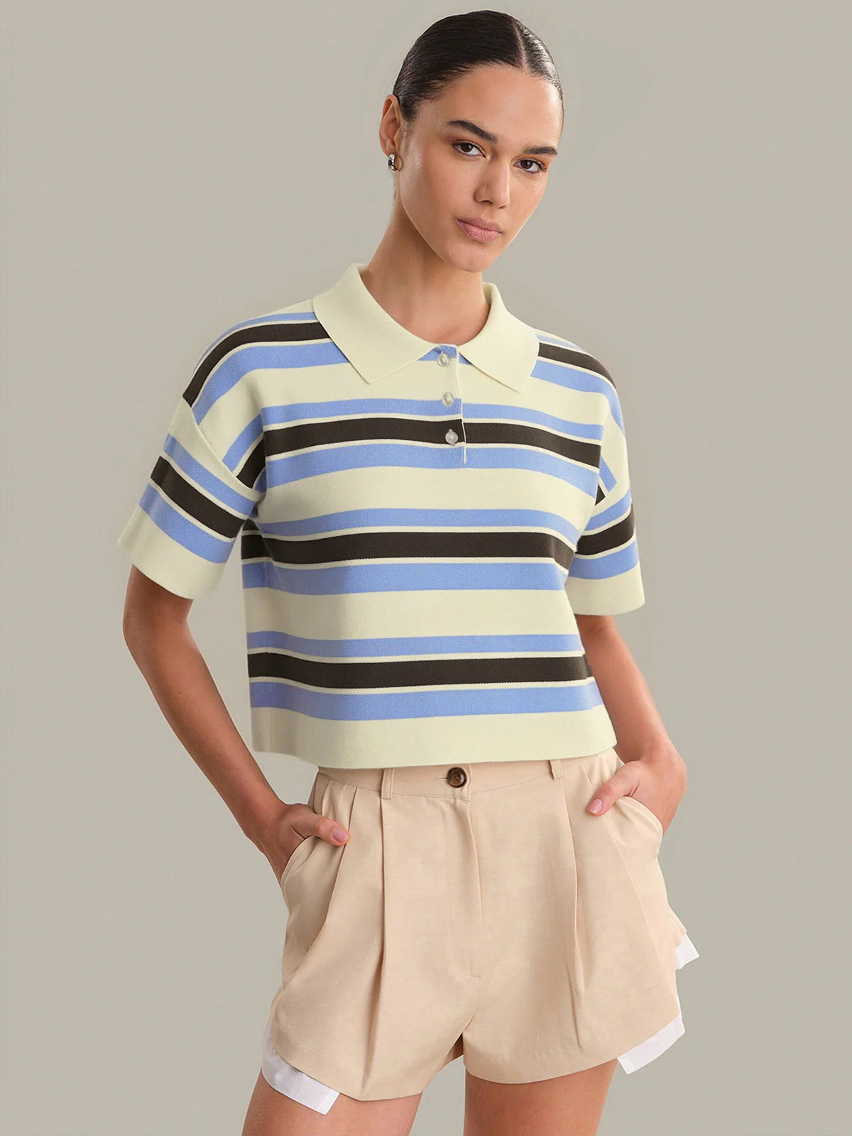 Mila: Stripe Short Sleeve Polo Crop Sweater | 525 America