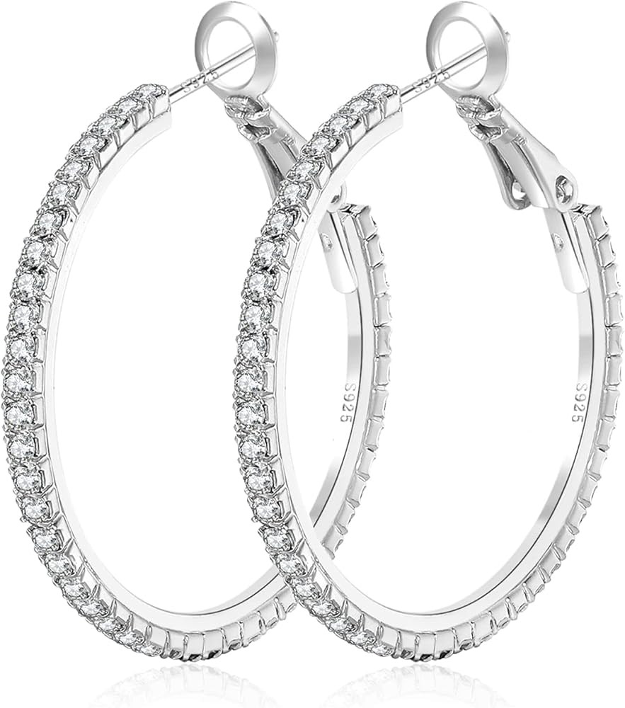 925 Sterling Silver Earrings Large Rhinestone Hoop Earrings Big Cubic Zirconia Hoop Earrings Thin... | Amazon (US)