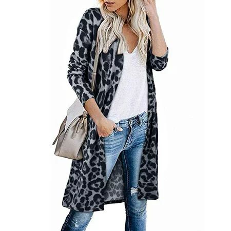 LoyisViDion Coat Women S Open Front Leopard Cardigan Pockets Long Sleeve Lightweight Sweater Coat Gray 14(XXL) | Walmart (US)