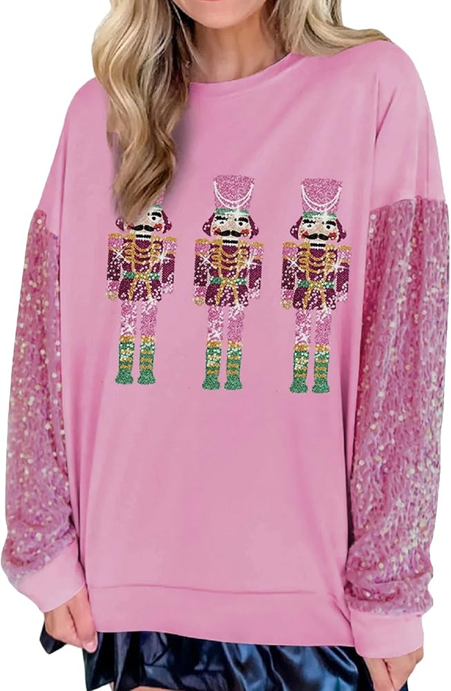 Aonoapll Women Sequin Nutcracker Sweatshirt Cute Holiday Oversized Pullover Sparkly Christmas Lon... | Amazon (US)