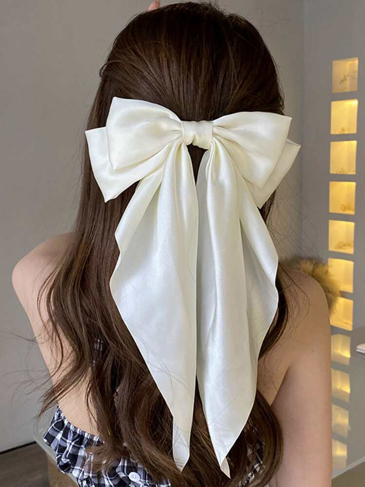 1pc White Color Elegant Vintage Plain Hair Bow Barrette With Ribbon Streamers, Suitable For Daily... | SHEIN