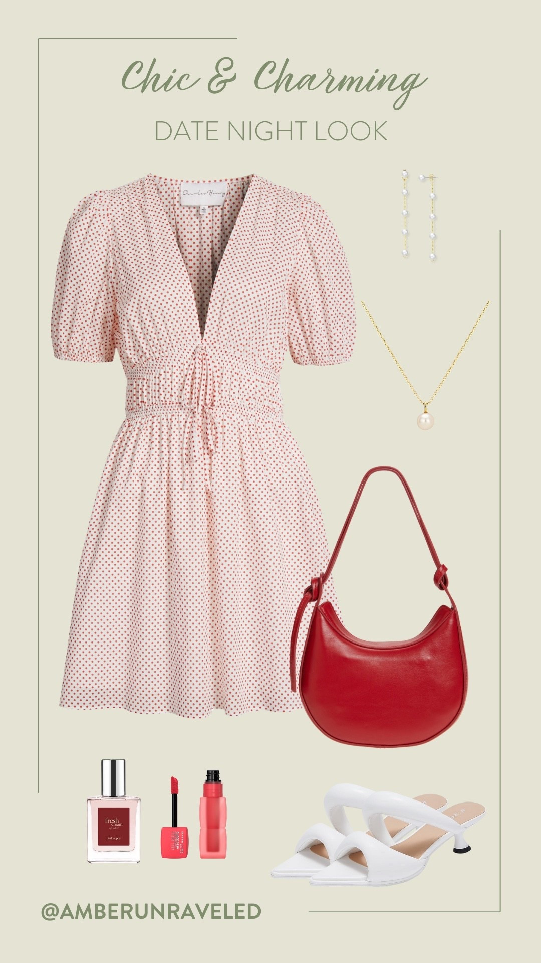 Polka dots, pearls, and a pop of red! The perfect recipe for a stylish and charming date night outfit. From the stunning dress to the elegant accessories and that red shoulder bag, every detail counts.
#dressylook #casualchic #beautyfinds #fashioninspo

#LTKU #LTKSeasonal #LTKStyleTip