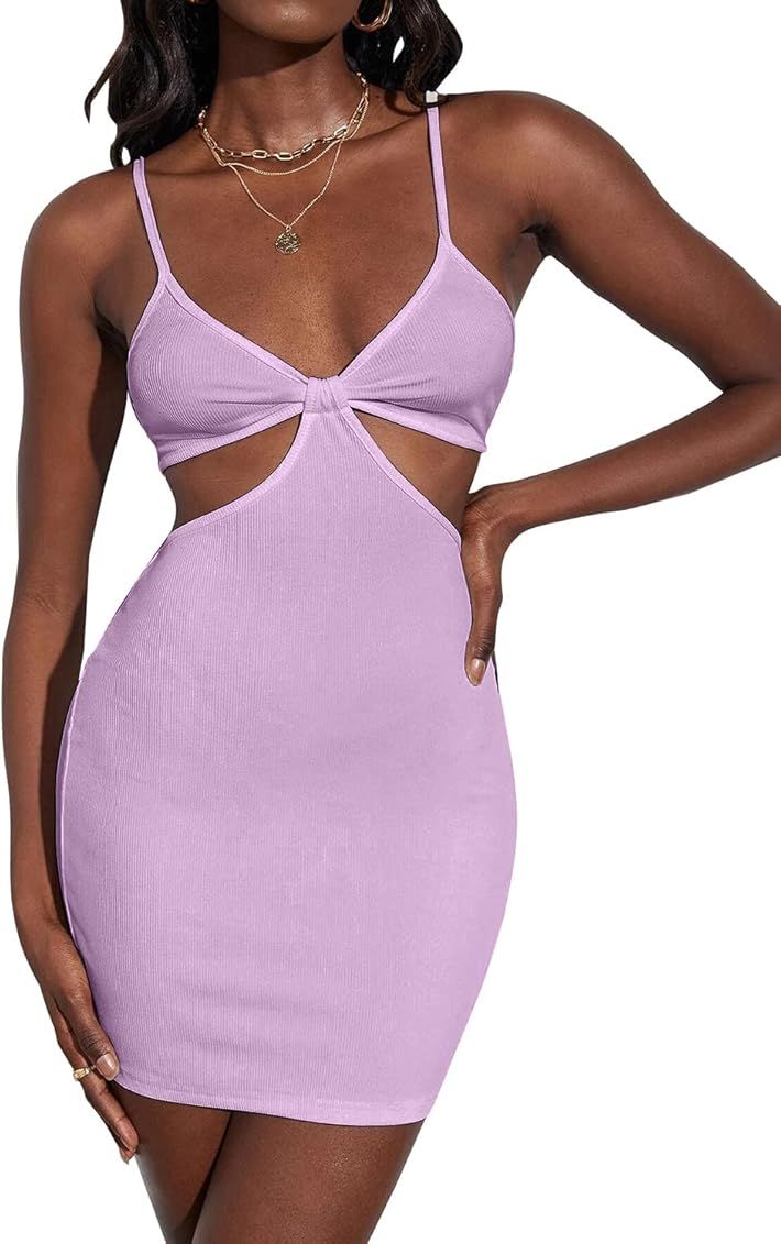 VNVNE Sexy Cut Out Mini Dress for Women, Backless Spaghetti Strap Bowknot Club Bodycon Dress | Amazon (US)