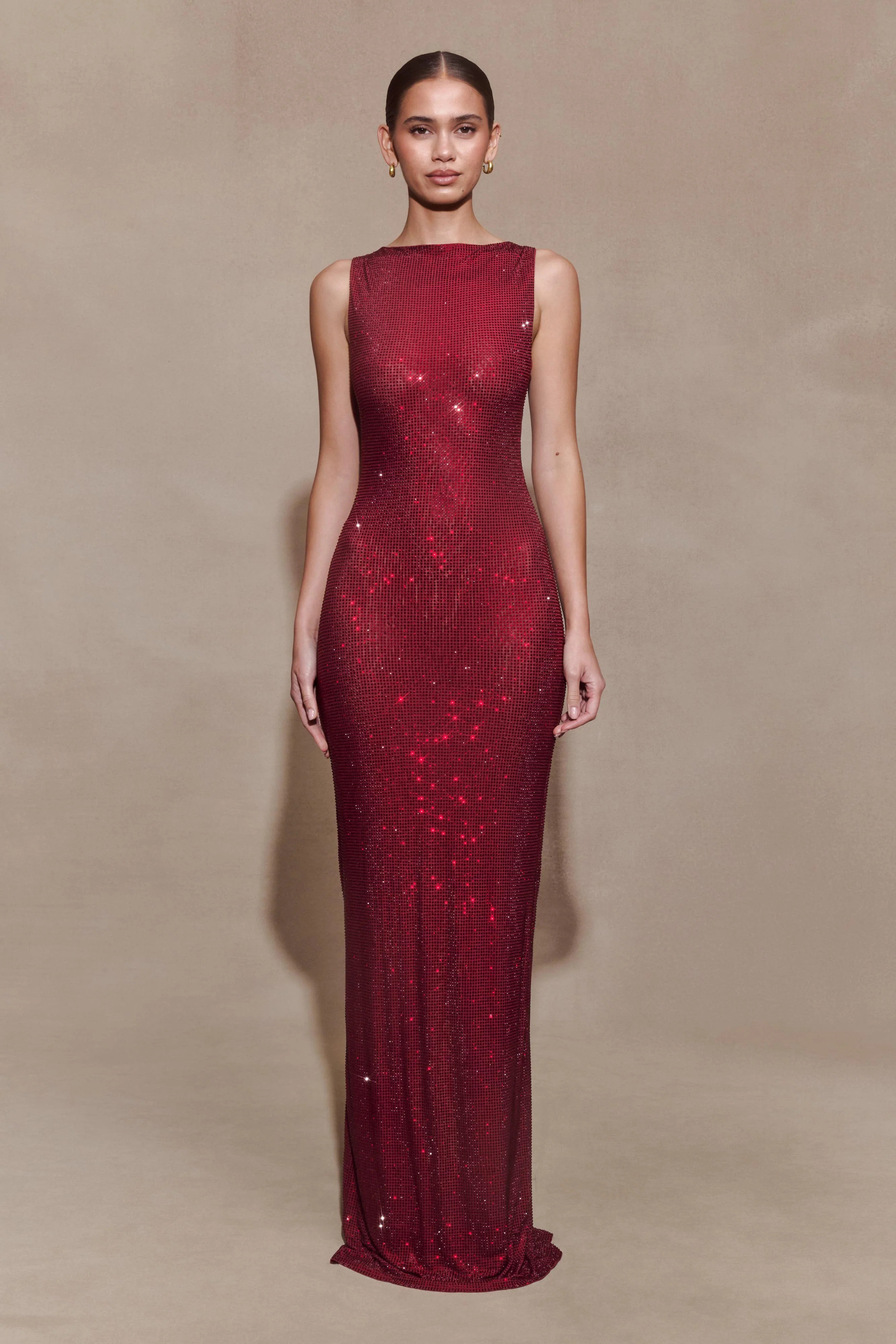 Magnolia Sleeveless Diamante Maxi Dress - Wine | Meshki UK