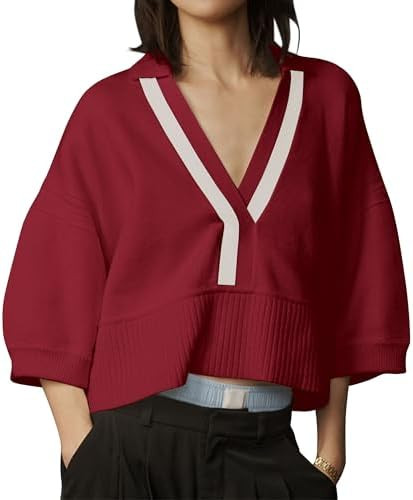 Women’s 3/4 Sleeve V Neck Cropped Sweater Oversized Color Block Lapel Collared Pullover Fall Kn... | Amazon (US)