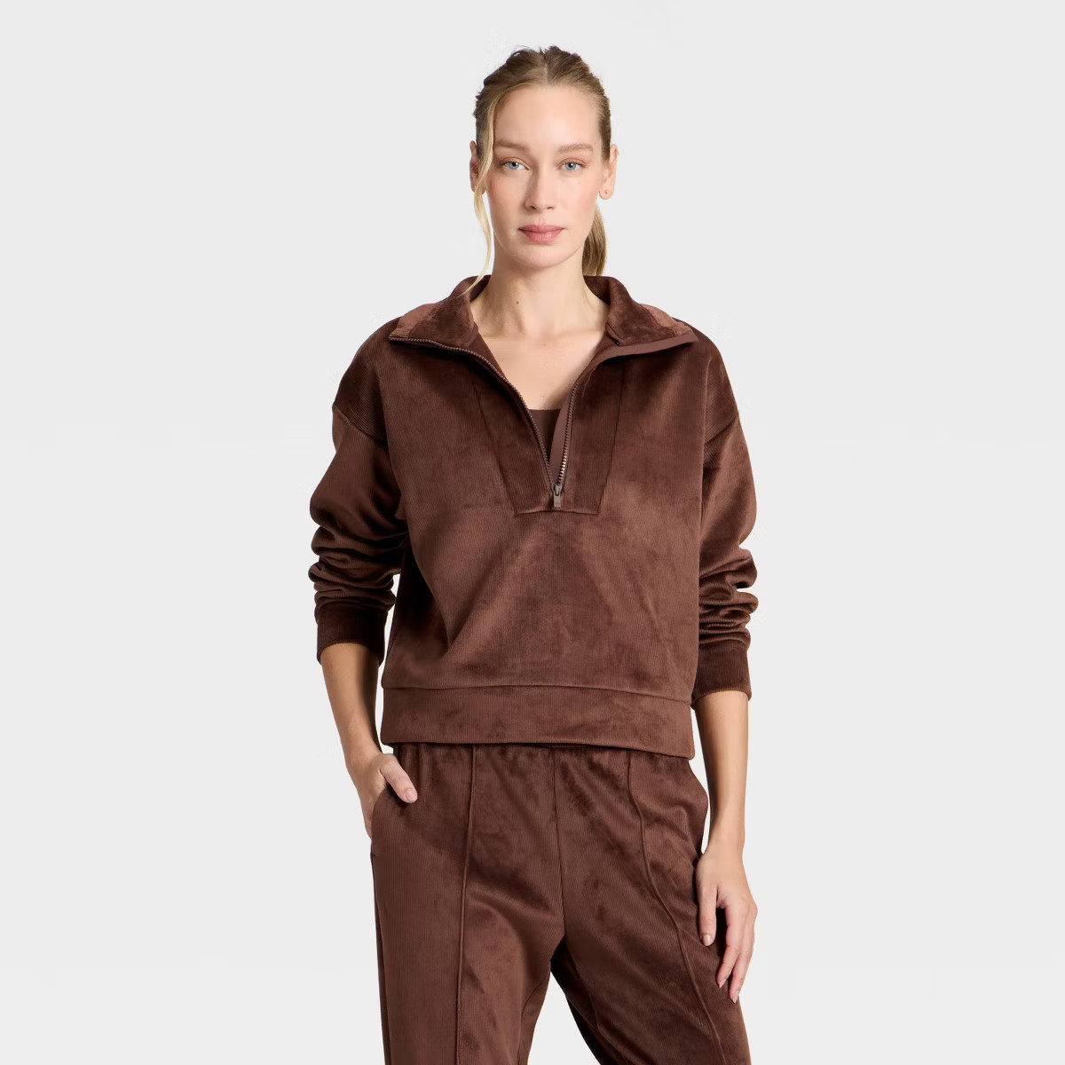 Women's Velour Ribbed 1/2 Zip Sweatshirt - All In Motion™ Brown M | Target