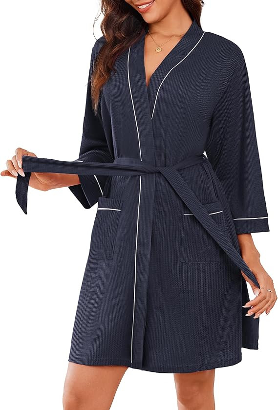 Ekouaer Women Robes Waffle Knee Length Bathrobe Lightweight Soft Sleepwear V neck 3/4 Sleeve Casu... | Amazon (US)