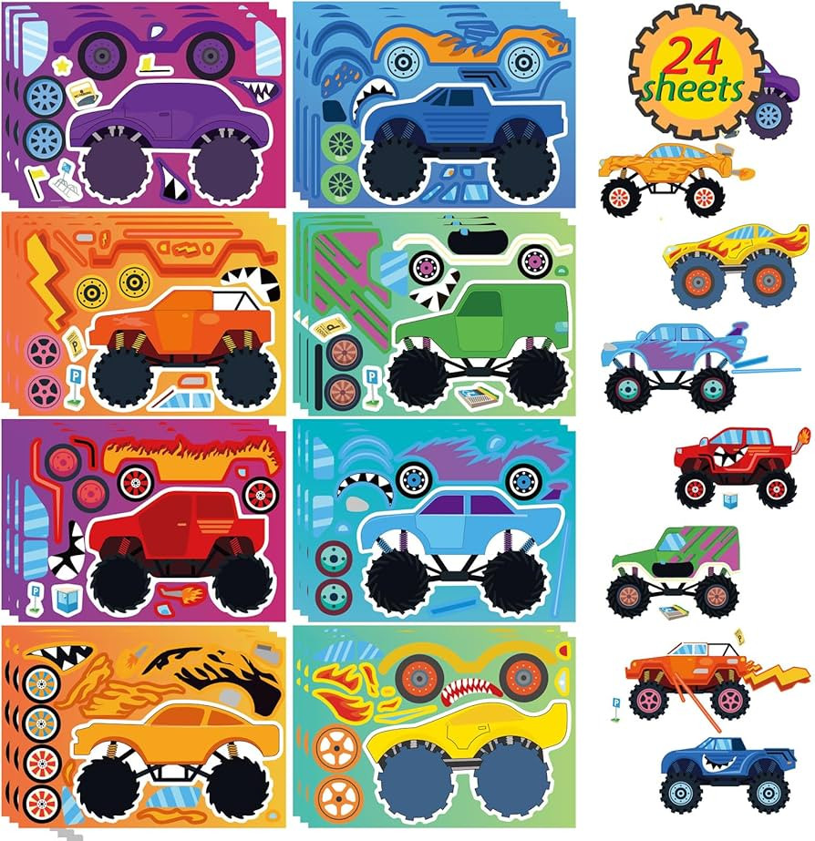 24 Sheets Monster Truck Sticker, Monster Truck Party Favor, Make Your Own Stickers Cartoon Car Ma... | Amazon (US)