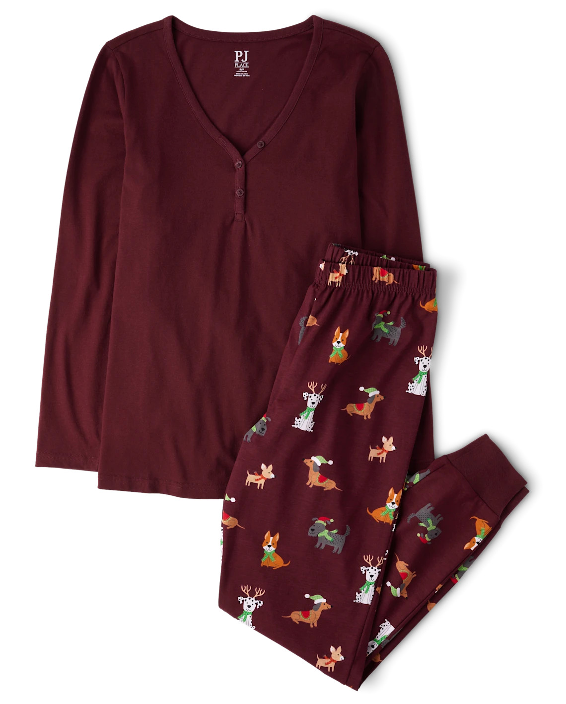 Womens Matching Family Holiday Dog Cotton Henley Pajamas - burgundy | The Children's Place