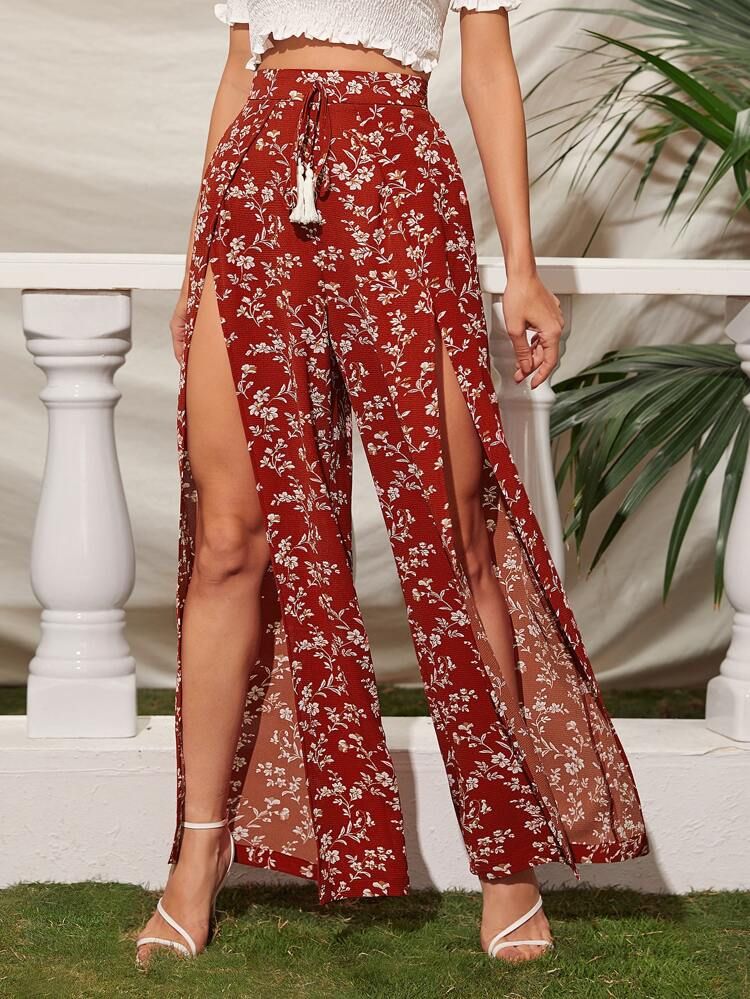 SHEIN Tassel Tie Waist Ditsy Floral Wrap Pants | SHEIN