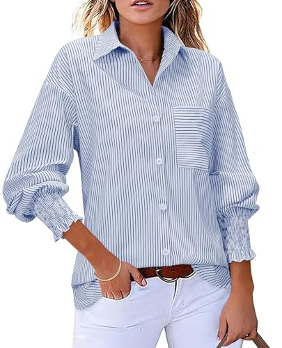 Striped Shirt Women Oversized Button Down Shirts for Women 2025 Fall Fashion Boyfriends Clothes with Pocket Smocked Tops Casual V Neck Collared Blouse Blue and White M | Amazon (US)