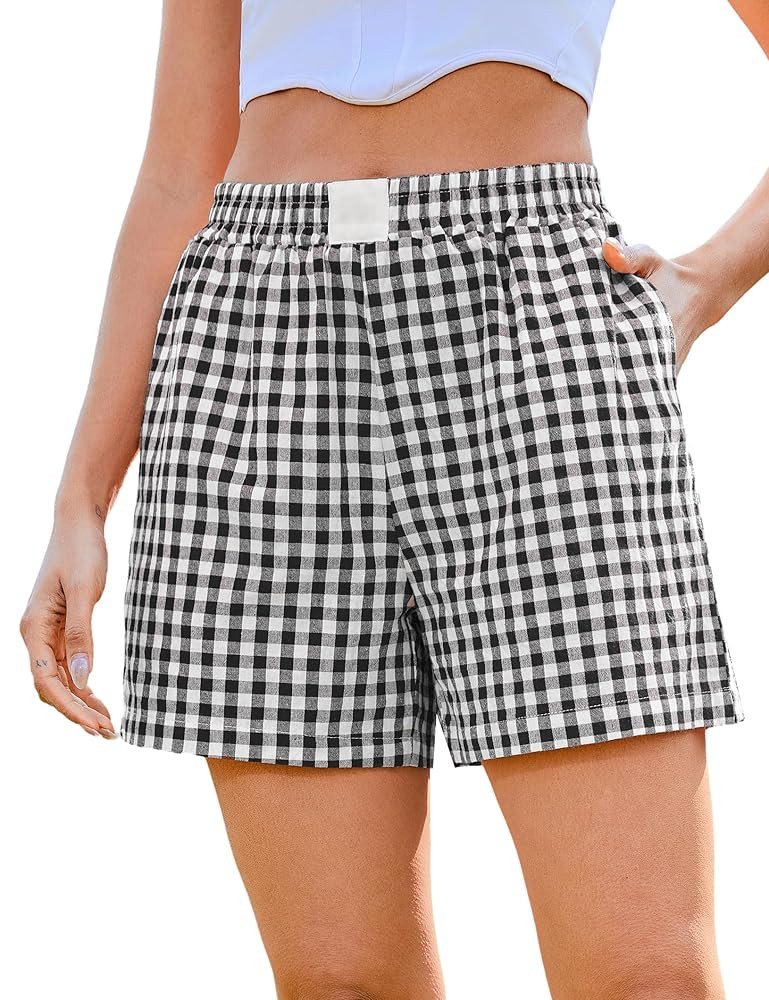 Marvmys Womens Boxer Shorts Cotton Plaid Gingham Shorts Summer Elastic Waist Pajama Buttoms with ... | Amazon (US)