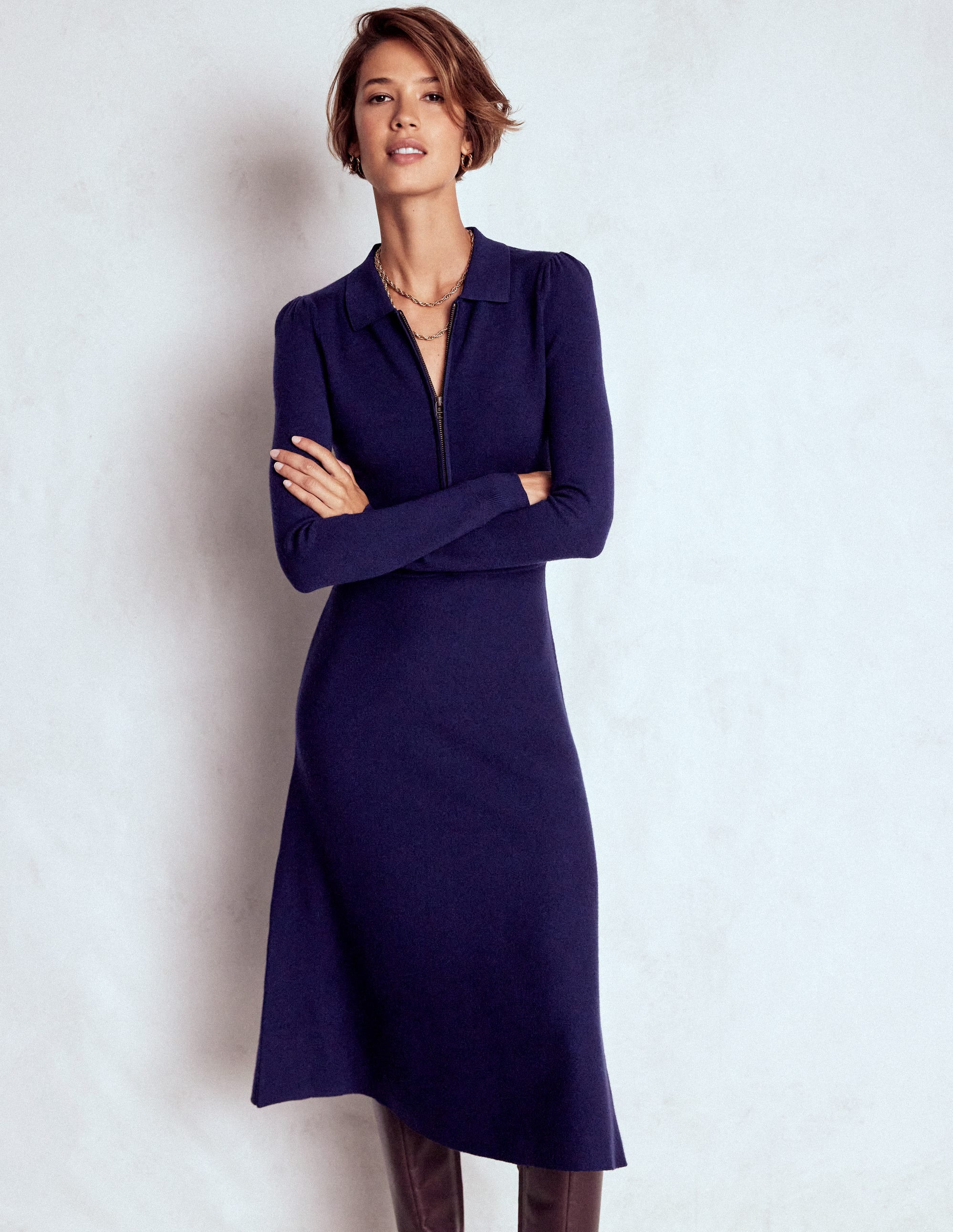 Fiona Zip Front Knitted Dress-Navy | Boden UK