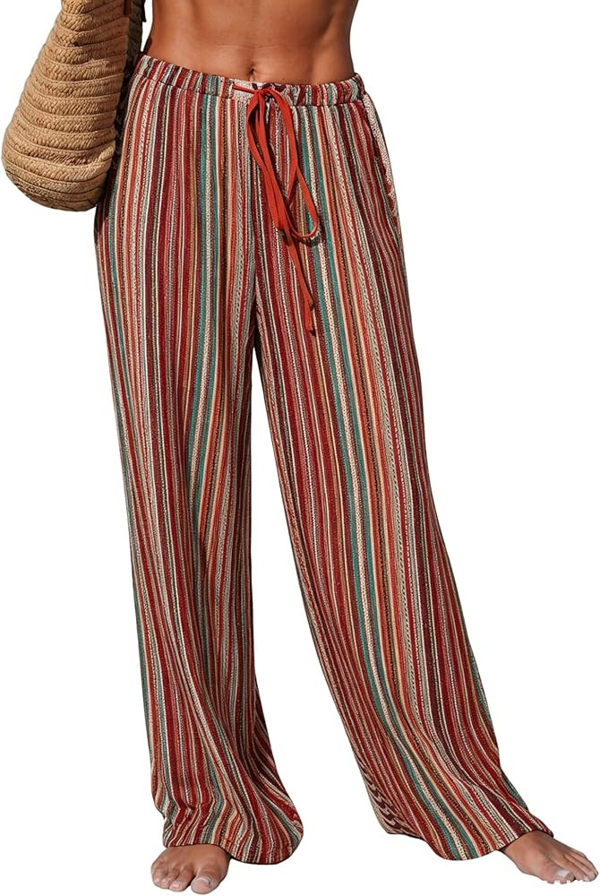 ZAFUL Womens Beach Cover Up Pants Sexy Crochet Drawstring Elastic Boho Swimsuit Cover Up Long Pants Beach Wear | Amazon (US)