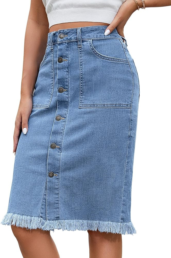 luvamia Women's Casual Mid Rise Button Down Frayed Raw Hem Denim Jean Midi Skirt | Amazon (US)