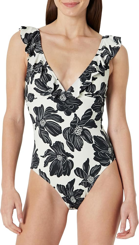 Amazon Essentials Women's Ruffle V-Neck One-Piece Swimsuit | Amazon (US)