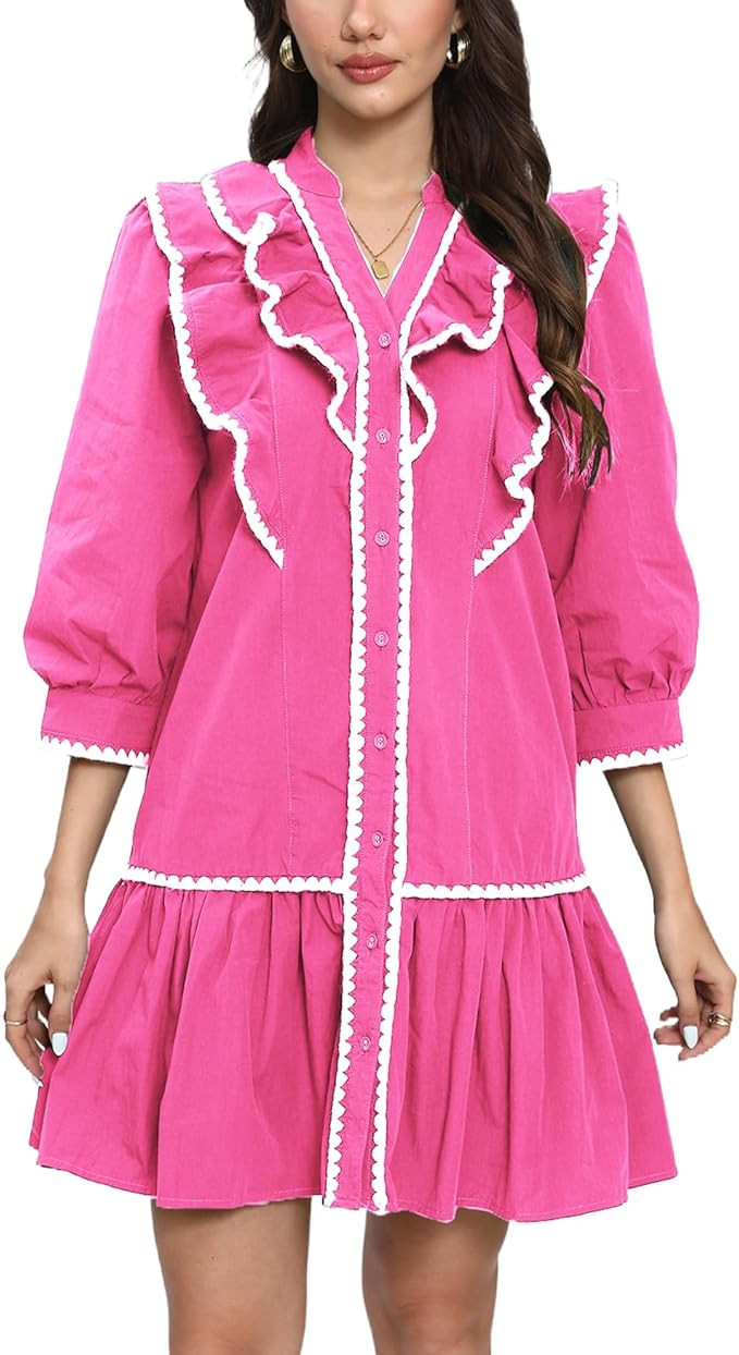 Women's Ruffle Mini Dress Short Sleeve Button Down Cute Babydoll Tiered Dress | Amazon (US)