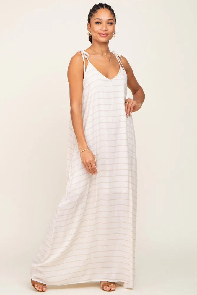 Beige Striped Tie Strap Maxi Dress | PinkBlush Maternity