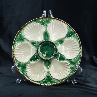 Antique French Oyster Plate LONGCHAMP SIGNED Majolica FREE SHIPPING white green | eBay US