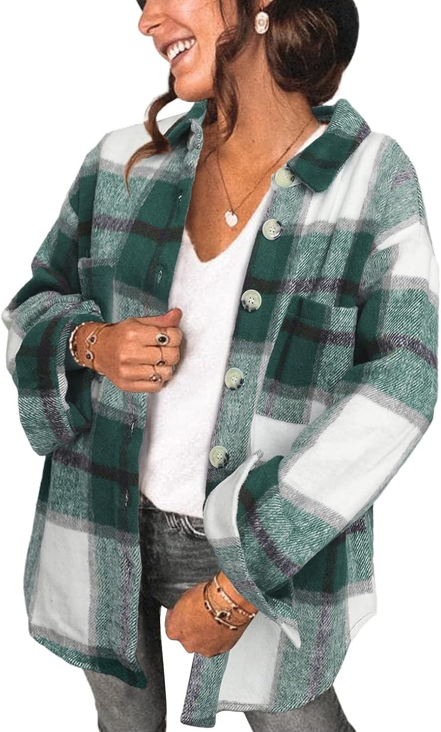 SHEWIN Womens Long Sleeve Plaid Shirts Flannel Lapel Button Down Shacket Jacket Coats | Amazon (US)