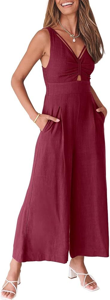 Caracilia Women's Summer Wide Leg Jumpsuits Dressy Sleeveless V Neck High Waist Cutout Straps One... | Amazon (US)