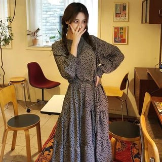 Pleated-Sleeve Patterned Tiered Dress with Cord Gray - One Size | YesStyle Global