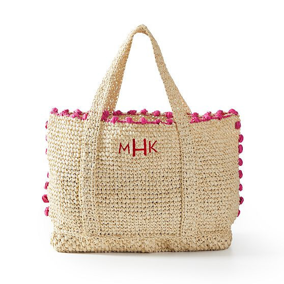 Pom Pom Straw Beach Tote, Pink | Mark and Graham