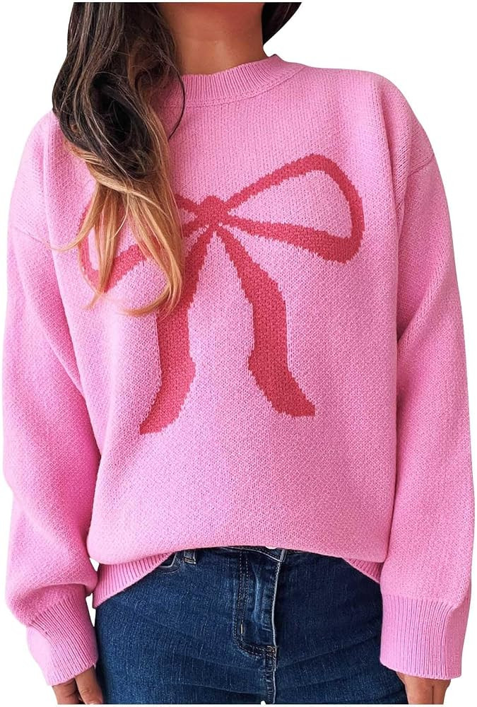 Women's Y2K Bow Print Sweater Crewneck Long Sleeve Drop Shoulder Knit Pullovers Sweaters Trendy K... | Amazon (US)