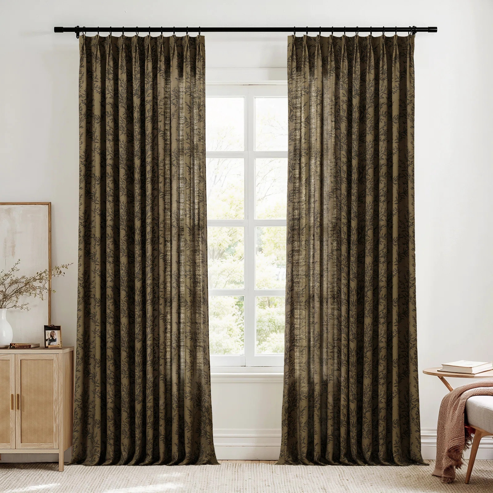 TWOPAGES Unlined Floral Curtain Printed Faux Linen Pinch Pleat Curtain | Wayfair North America