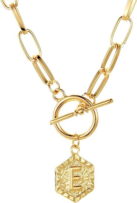 BMMYE 18K Gold Initial Paperclip Chain Necklace for Women Hexagon Letter Pendant Chunky Link Chai... | Amazon (US)