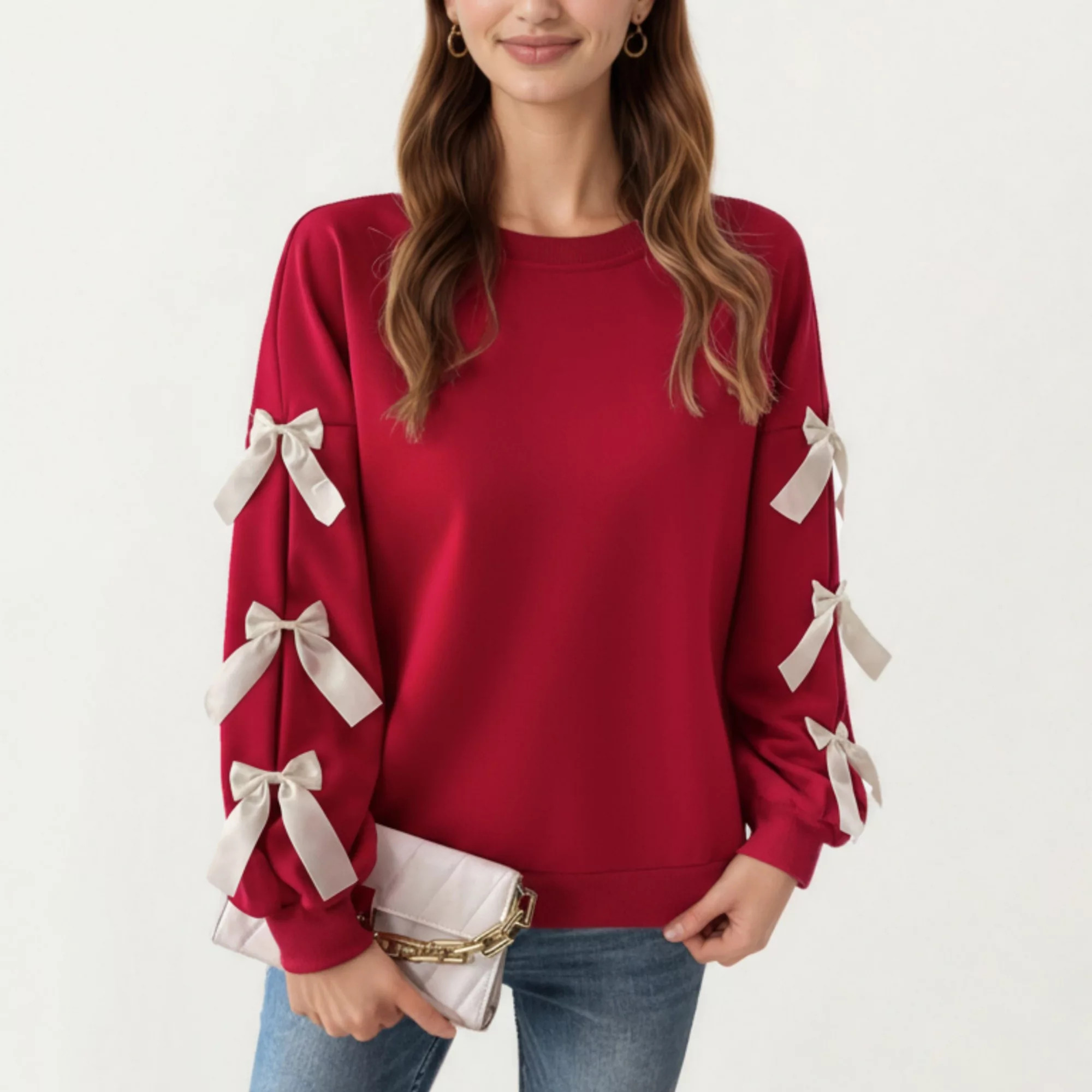 Women's Long Sleeve Pullover Sweatshirt with Ribbon Bow Tie Details on Sleeves | Kohl's