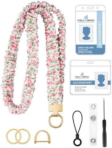 Scrunchie Lanyard for ID Badge Holder, Cute Teacher Lanyard for Women with 2 Card Clear Badge Hol... | Amazon (US)