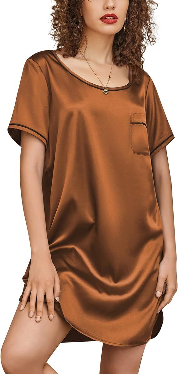Ekouaer Women's Satin Nightgown Short Sleeve T Shirt Dress Boyfriend Casual Sleep Dress Loose Paj... | Amazon (US)