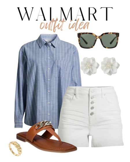 Walmart outfit, Walmart new arrivals, white shorts, blue and white striped button down, sunglasses, summer outfit 

#LTKstyletip #LTKSeasonal #LTKfindsunder50