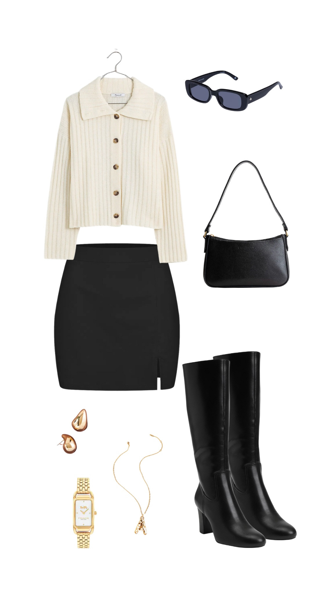 Fall transition outfit, fall outfit, neutral outfit, white sweater, white cardigan, black knee high leather boots, black mini skirt, Gilmore girls fashion, Rory Gilmore outfit inspo, cafe outfit aesthetic, city outfit, fall weather outfit, black purse, date night outfit, gold jewelry,
Parisian outfit, Kendall Jenner outfit, chic fall look, gold women’s watch

#LTKfindsunder50 #LTKfindsunder100 #LTKxMadewell