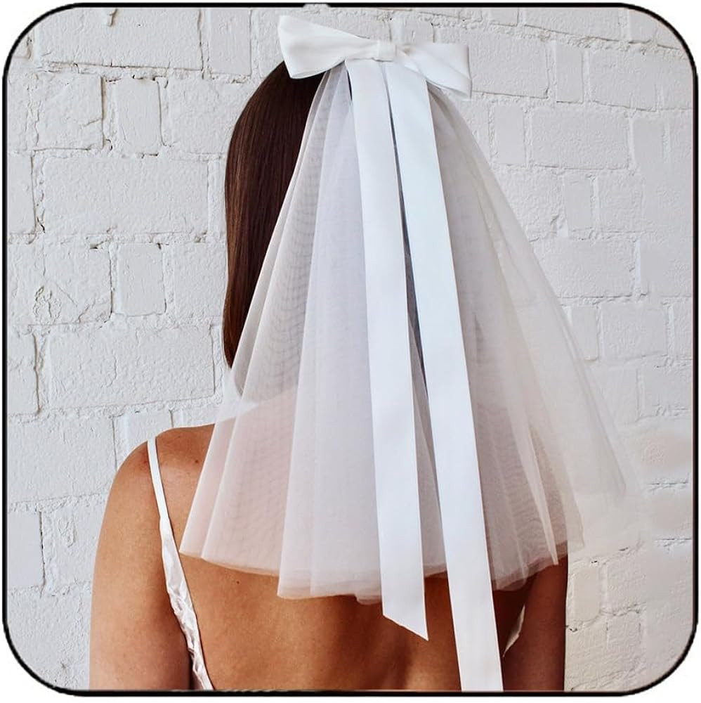Bride Bow Veil with Comb White Tulle Wedding Short Veils Bridal Shower Bachelorette Party Hair Ac... | Amazon (US)