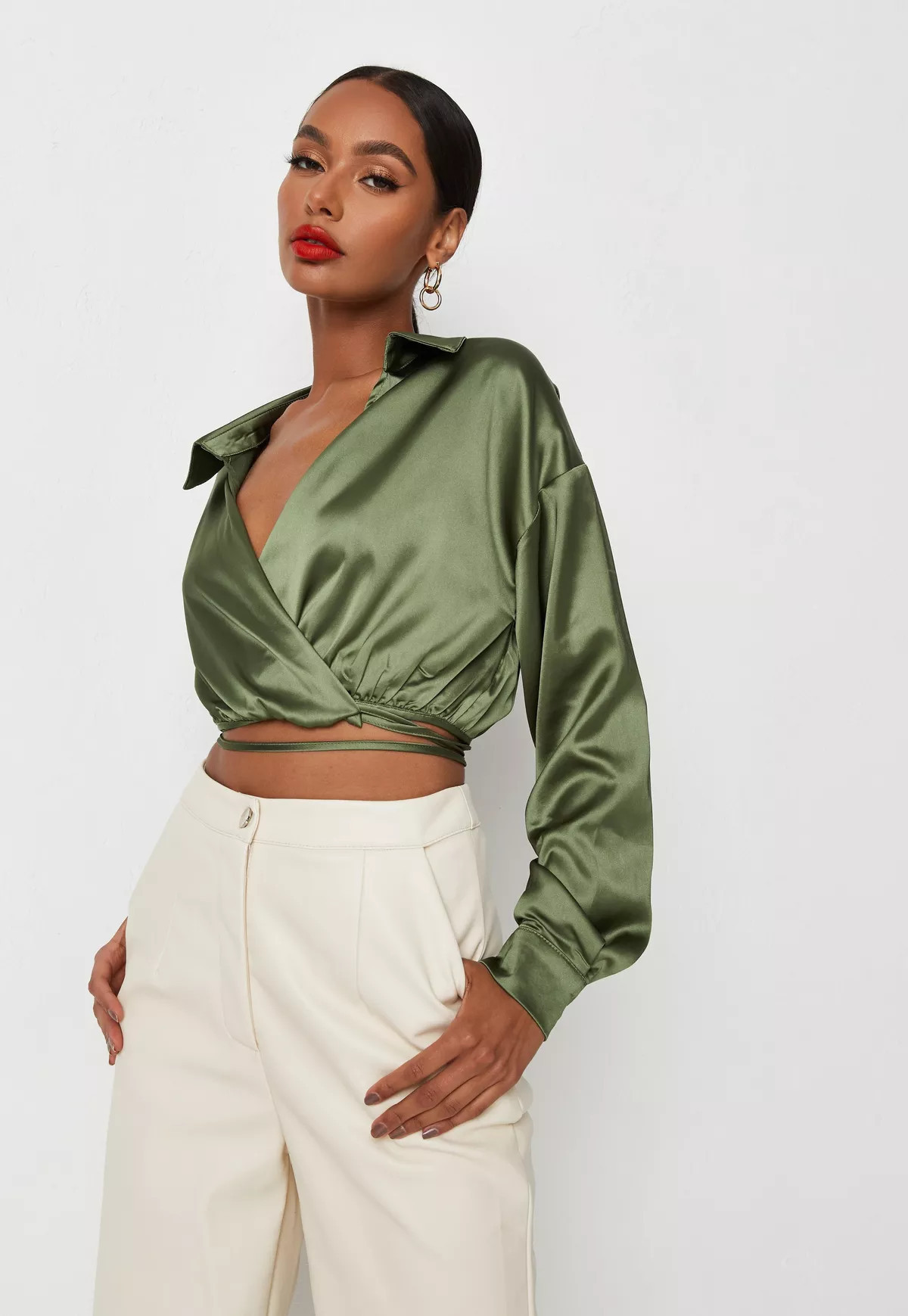 Green Satin Wrap Around Shirt | Missguided (US & CA)
